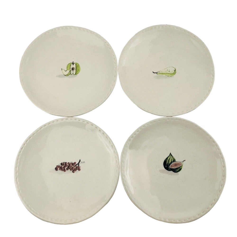 Rae Dunn Stitched‎ Fruit Appetizer Plate Set of 4 Fig Grapes Pear Apple Magenta